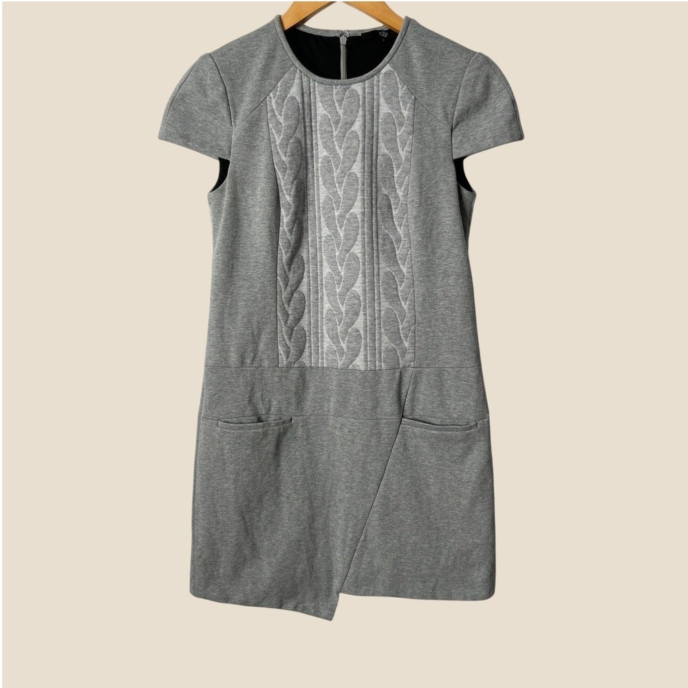 Tibi Gray Knit Asymmetrical Dress 2 Cable Jacquard Cap Sleeve Mini Pockets Mod